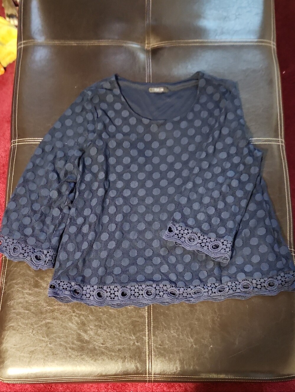 Style & Co. Navy Polka Dot Lace-Hem Scoop Neck Blouse